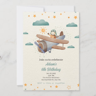 Vliegtuigblauw en groene Waterverf jarig Uitnodige Kaart