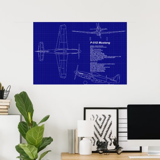 Vliegtuigblauwdrukken | P-51 Mustang Poster (Thuiskantoor)