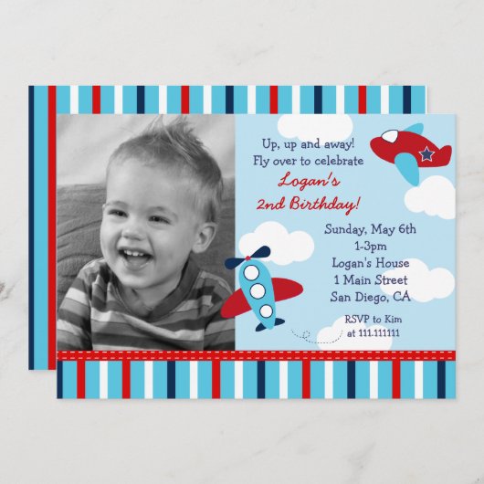 Vliegtuigbootjongen Foto van Birthday-uitnodiginge Kaart (Voorkant / Achterkant)