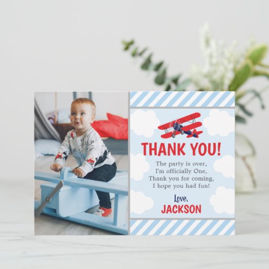 Vliegtuigdag Dank je wel,  jongen Red Bedankkaart (Staand voorkant)
