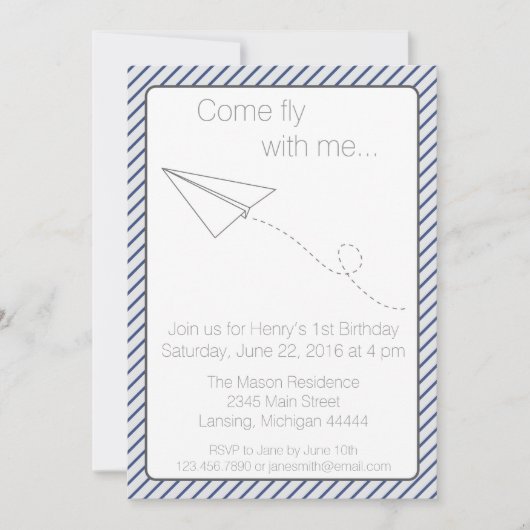 Vliegtuigdag met blauw gestreept papier uitnodigen kaart (Voorkant)