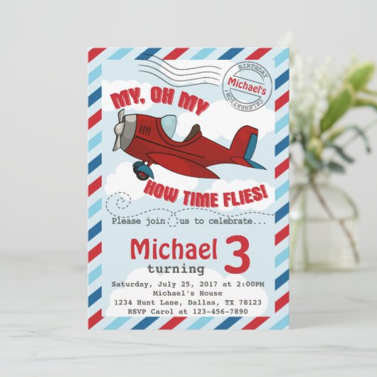 Vliegtuigdag Uitnodiging Blauw Rood (Staand voorkant)