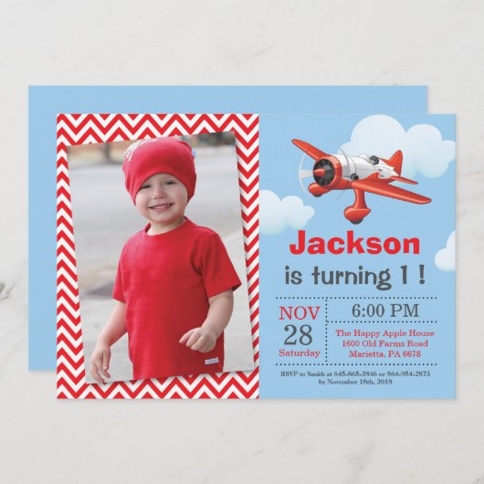Vliegtuigdaguitnodiging. Boy Birthday Party Kaart (Voorkant / Achterkant)