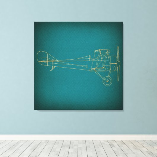 vliegtuigdiagram Blauwgroen Blauw Retro Style Art Canvas Afdruk (Insitu (Houten vloer))