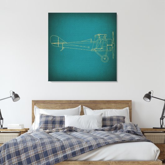 vliegtuigdiagram Blauwgroen Blauw Retro Style Art Canvas Afdruk (Insitu (Slaapkamer))