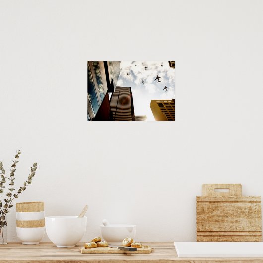 Vliegtuigen boven gebouwen poster (Keuken)