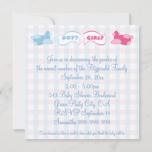 Vliegtuigen en banners Gingham Geslacht Fee Party Kaart (Achterkant)