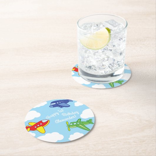 Vliegtuigen en Jets Cute Kind Birthday Party Ronde Kartonnen Onderzetter (Insitu)