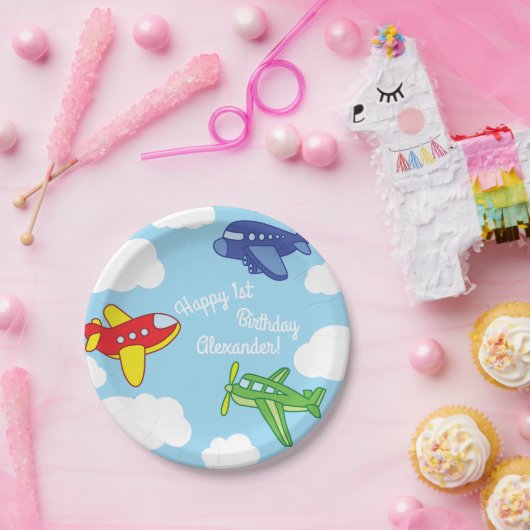 Vliegtuigen en straalvliegtuigen van de eerste ver papieren bordje (Feest)