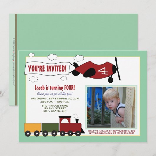 Vliegtuigen en treinen van Birthday Party Invite ( Kaart (Voorkant / Achterkant)