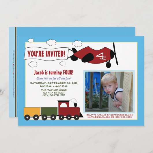 Vliegtuigen en treinen van Birthday Party Invite ( Kaart (Voorkant / Achterkant)
