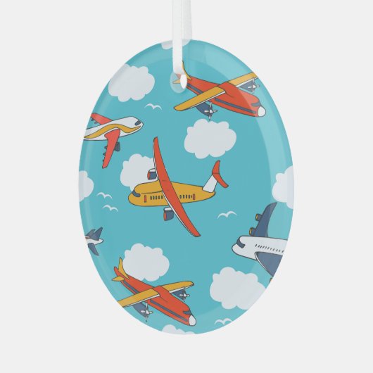 Vliegtuigen en wolken, naadloze kinderachtergrond glas ornament (Voorkant links)