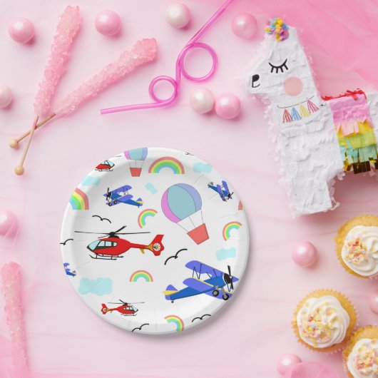 Vliegtuigen, helikopters en luchtballonnen papieren bordje (Feest)