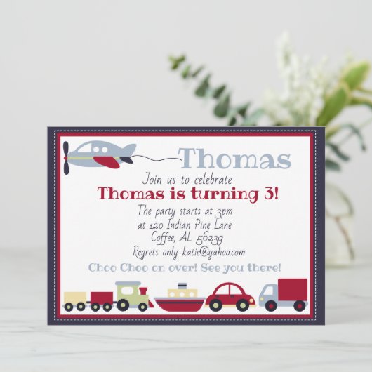 Vliegtuigen, treinen, boten en auto's verjaardagsu kaart (Staand voorkant)