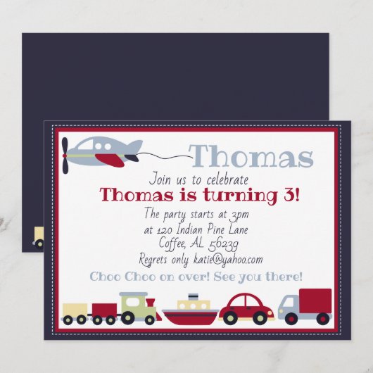 Vliegtuigen, treinen, boten en auto's verjaardagsu kaart (Voorkant / Achterkant)