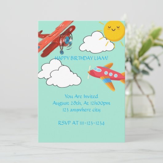 VLIEGTUIGEN VERJAARDAG UITNODIGING JONGENS, DIGITA (Staand voorkant)