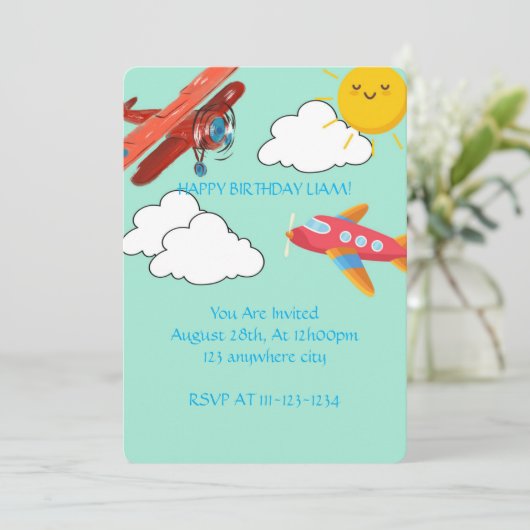 VLIEGTUIGEN VERJAARDAG UITNODIGING JONGENS, DIGITA (Staand voorkant)