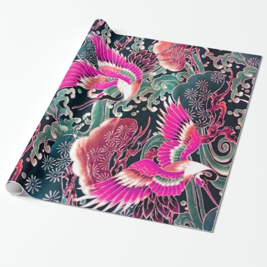 VLIEGTUIGEN, WAVES, STROOKERS Roze Japanse Floral Cadeaupapier (Uitgerold)
