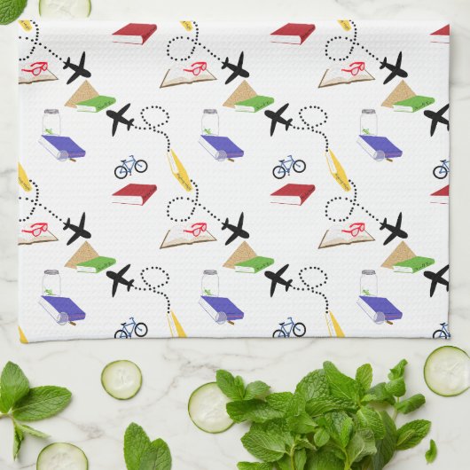 Vliegtuigfiets Boeken Rood Geel Blauw Reizen Theedoek (Gevouwen)
