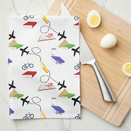 Vliegtuigfiets Boeken Rood Geel Blauw Reizen Theedoek (Quarter Fold)