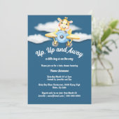 Vliegtuiggiraf baby shower blauw pilootvliegtuig kaart (Staand voorkant)