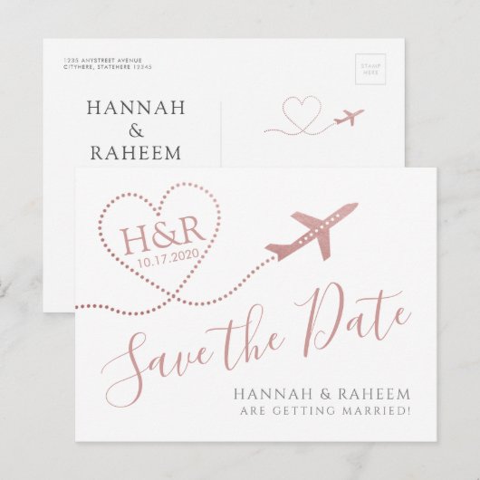 Vliegtuighartroze bestemming Weduwsdatum Aankondigingskaart (Voorkant / Achterkant)