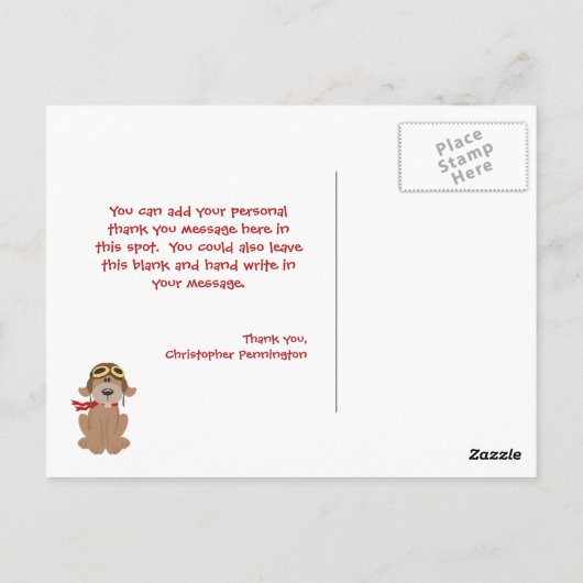Vliegtuighond piloot jongen bedankt briefkaart (Achterkant)