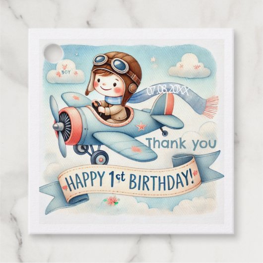 Vliegtuigjongen 1e verjaardag bedankjes labels (Voorkant)