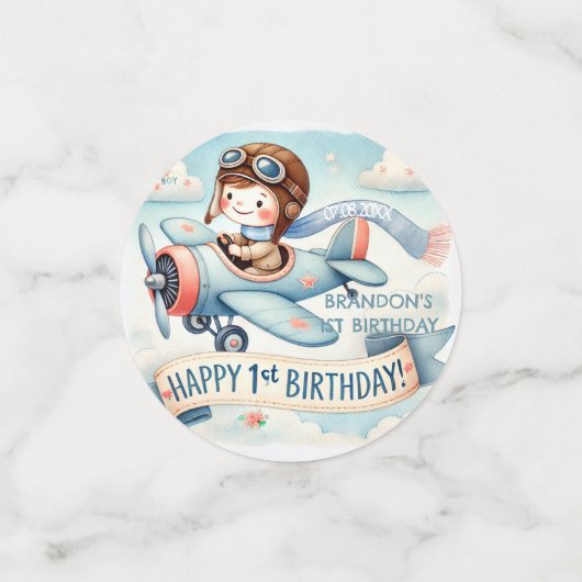 Vliegtuigjongen 1e verjaardag confetti (Kleine voorkant)