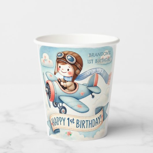 Vliegtuigjongen 1e verjaardag papieren bekers (Achterkant)