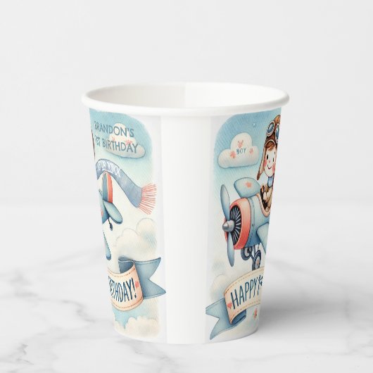 Vliegtuigjongen 1e verjaardag papieren bekers (Links)