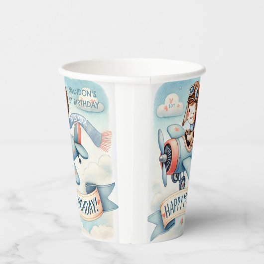 Vliegtuigjongen 1e verjaardag papieren bekers (Rechts)