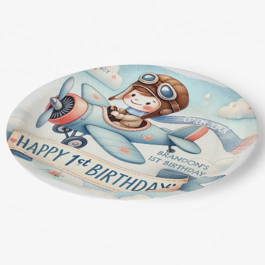 Vliegtuigjongen 1e verjaardag papieren bordje (Gekanteld)