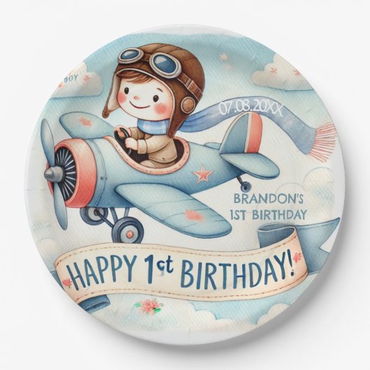 Vliegtuigjongen 1e verjaardag papieren bordje (Voorkant)
