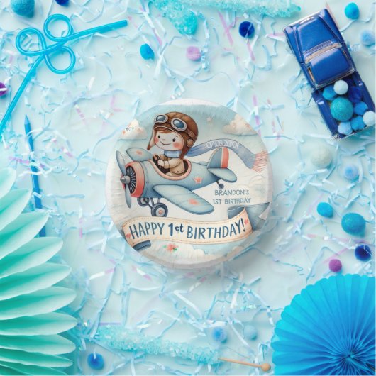 Vliegtuigjongen 1e verjaardag papieren kommen (Feest)