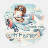 Vliegtuigjongen 1e verjaardag ronde sticker (Voorkant)