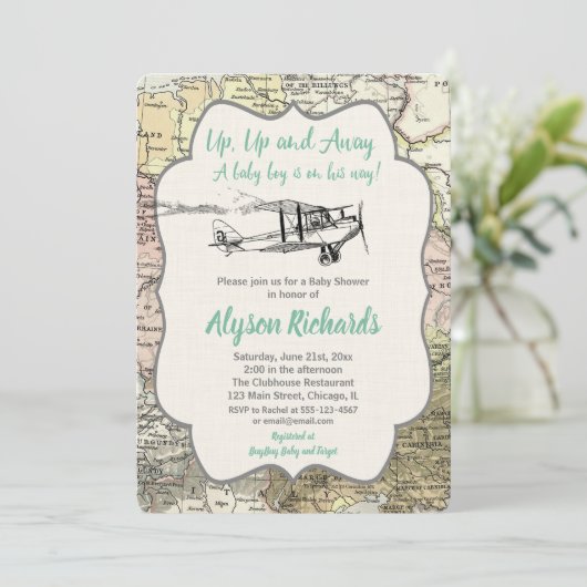  vliegtuigjongen baby shower reiskaart kaart (Staand voorkant)