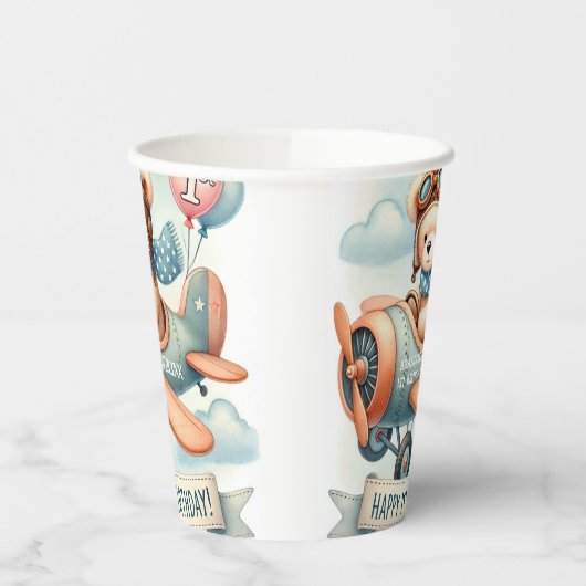 Vliegtuigjongen Beer 1e verjaardag Papieren Bekers (Links)