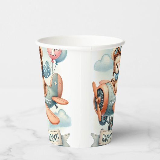 Vliegtuigjongen Beer 1e verjaardag Papieren Bekers (Rechts)