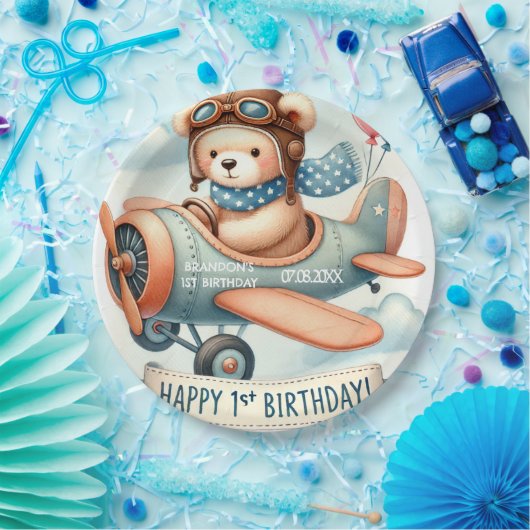 Vliegtuigjongen Beer 1e verjaardag Papieren Bordje (Feest)