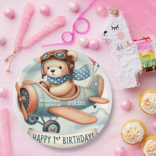 Vliegtuigjongen Beer 1e verjaardag Papieren Bordje (Feest)