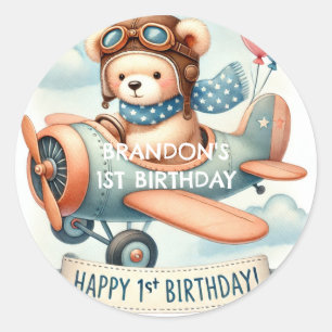 Vliegtuigjongen Beer 1e verjaardag Ronde Sticker
