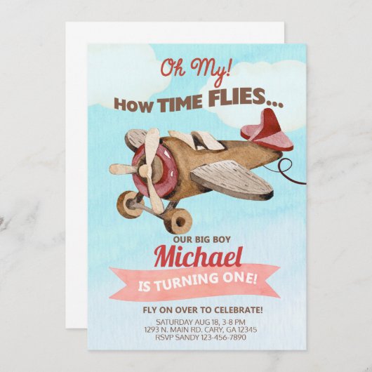 Vliegtuigjongen eerste verjaardag uitnodiging. kaart (Voorkant / Achterkant)