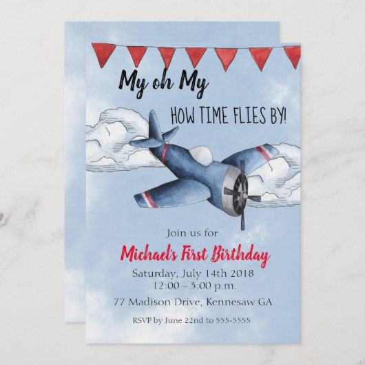 Vliegtuigjongen verjaardagsfeestje uitnodiging (Voorkant / Achterkant)
