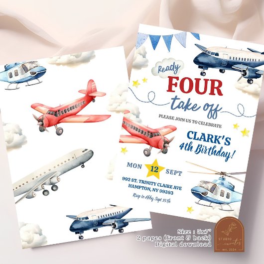 Vliegtuigjongen vierde verjaardag kaart