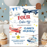 Vliegtuigjongen vierde verjaardag kaart<br><div class="desc">Vliegtuigen 4e verjaardag Jongen Uitnodiging,  Klaar Vier Take Off vliegtuig 4e Verjaardag Party,  Pilot Helikopter Verjaardag,  Luchtvaart Verjaardag Party Uitnodiging</div>