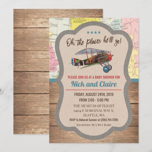 Vliegtuigkaart Jongen Baby shower Uitnodiging (Voorkant / Achterkant)