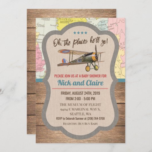 Vliegtuigkaart Jongen Baby shower Uitnodiging (Voorkant / Achterkant)