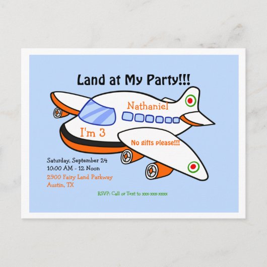 Vliegtuiglanding op My Birthday Blue Party Invitat Uitnodiging Briefkaart (Voorkant)