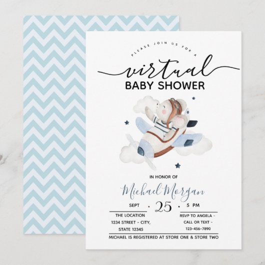 Vliegtuigmuis Zigzag Virtual Baby shower Baby Kaart (Voorkant / Achterkant)